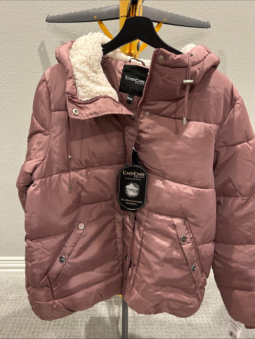 bebe dusty rose puffer jacket with sherpa-lined hood